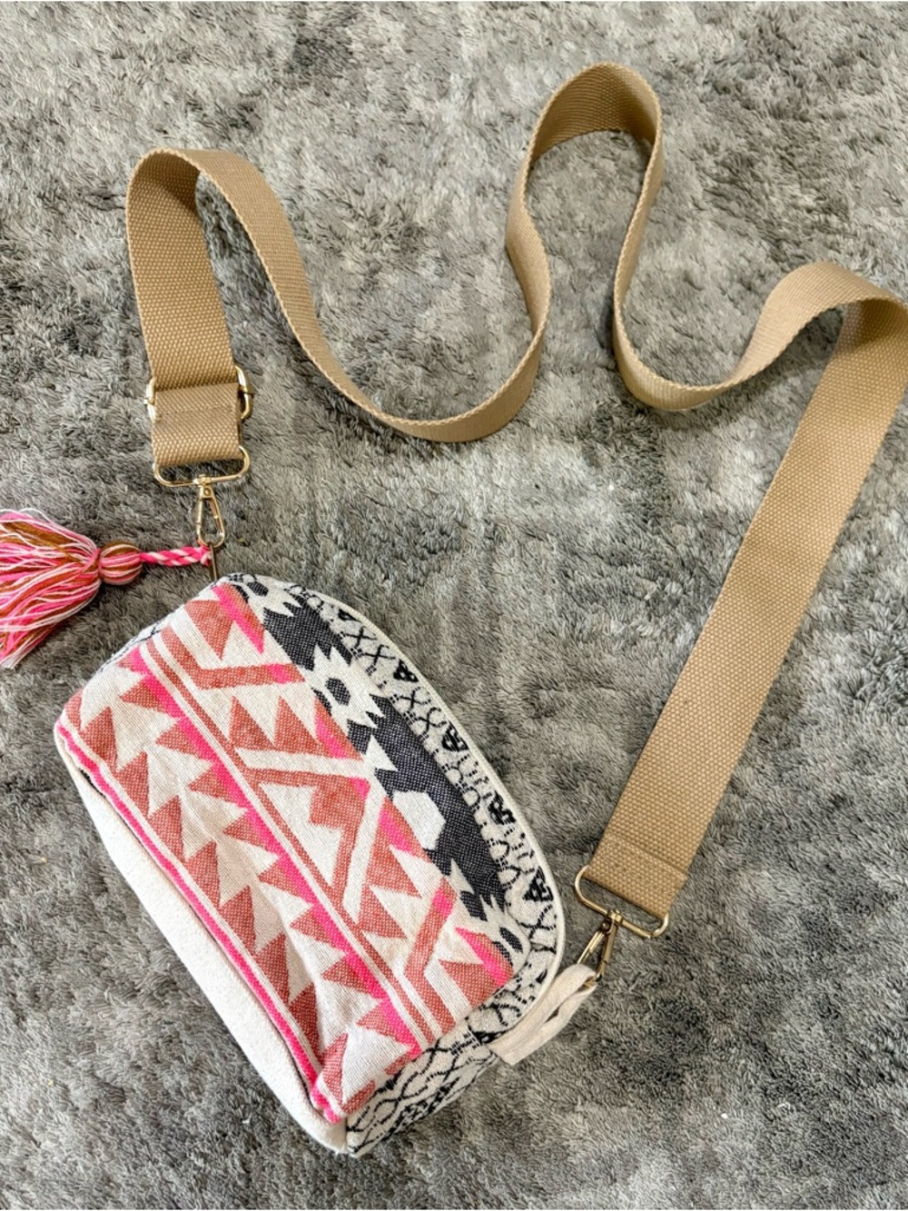Boho Pink Geometric Canvas Crossbody Bag with Tan Strap